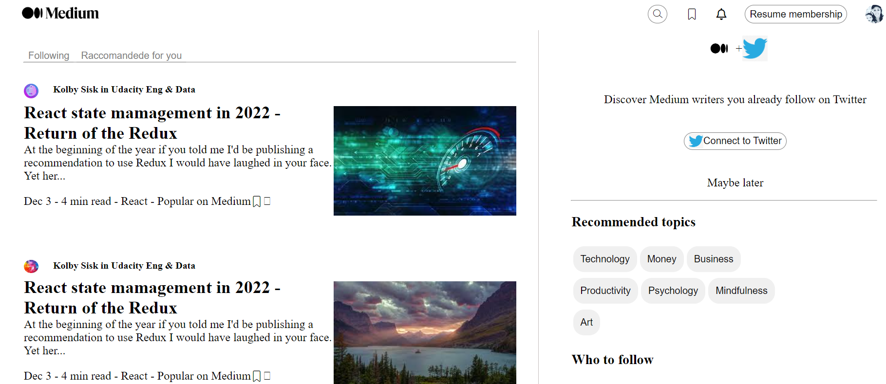 Medium home page